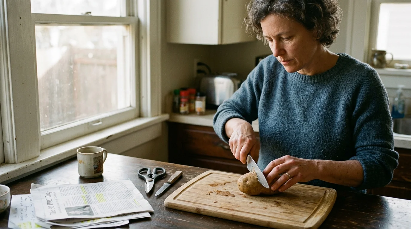A woman in a blue sweater cuts a potato with a small knife on a wooden board next to a window.