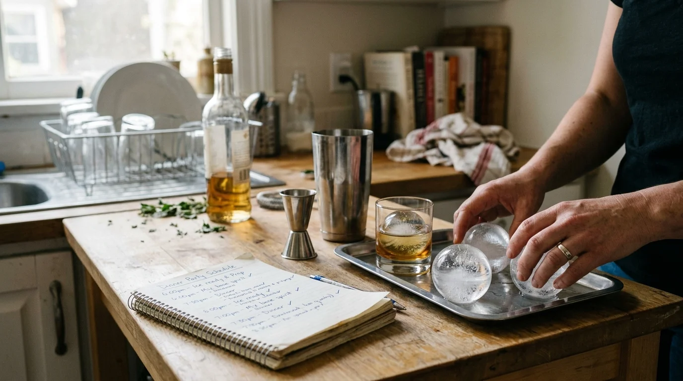 A person places clear ice spheres onto a tray beside a drink, bar tools, and a handwritten dinner party schedule.