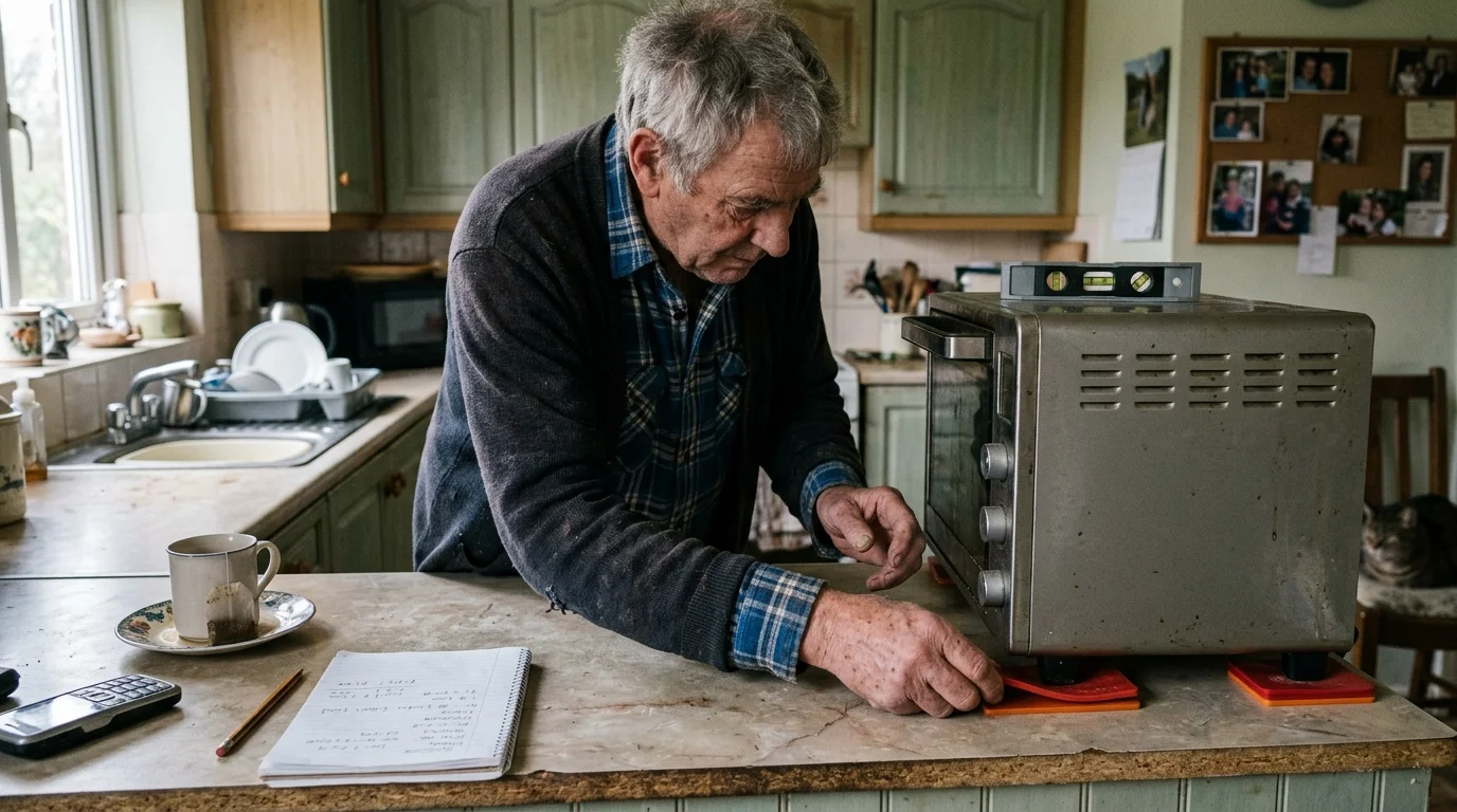 An older man adjusting orange leveling pads beneath a countertop toaster oven with a spirit level resting on top.
