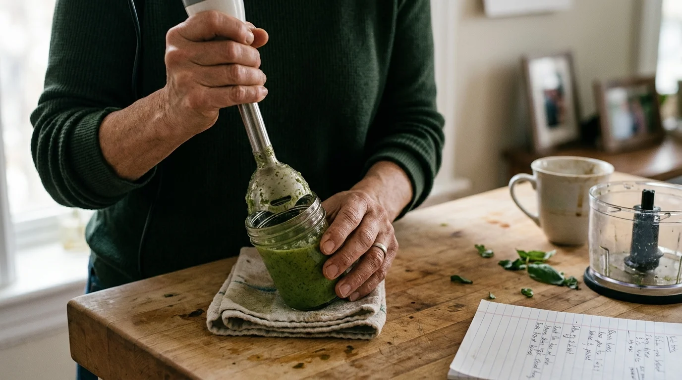 Person using an immersion blender inside a small glass jar filled with green puree on a wooden counter.