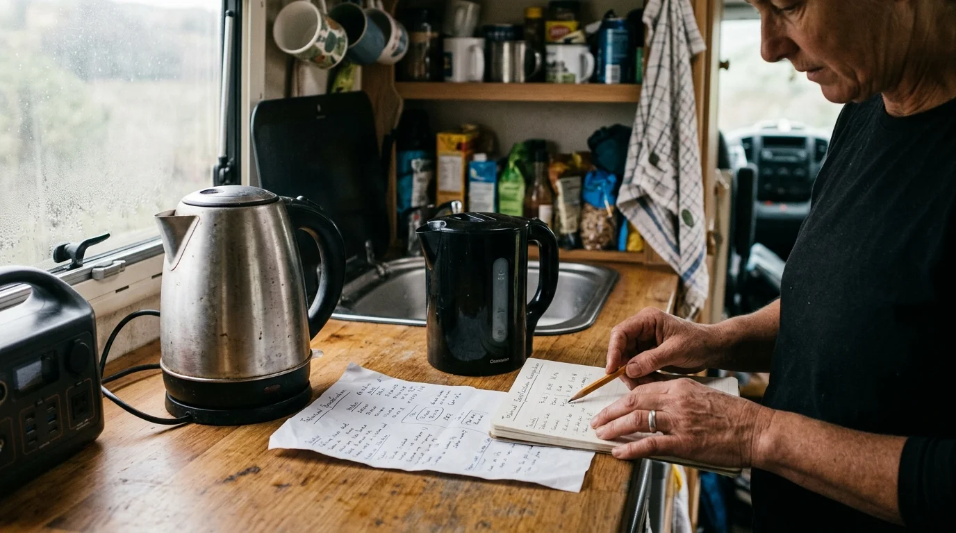 Person writing notes beside a silver electric kettle, a black kettle, and a portable power station in a camper van.
