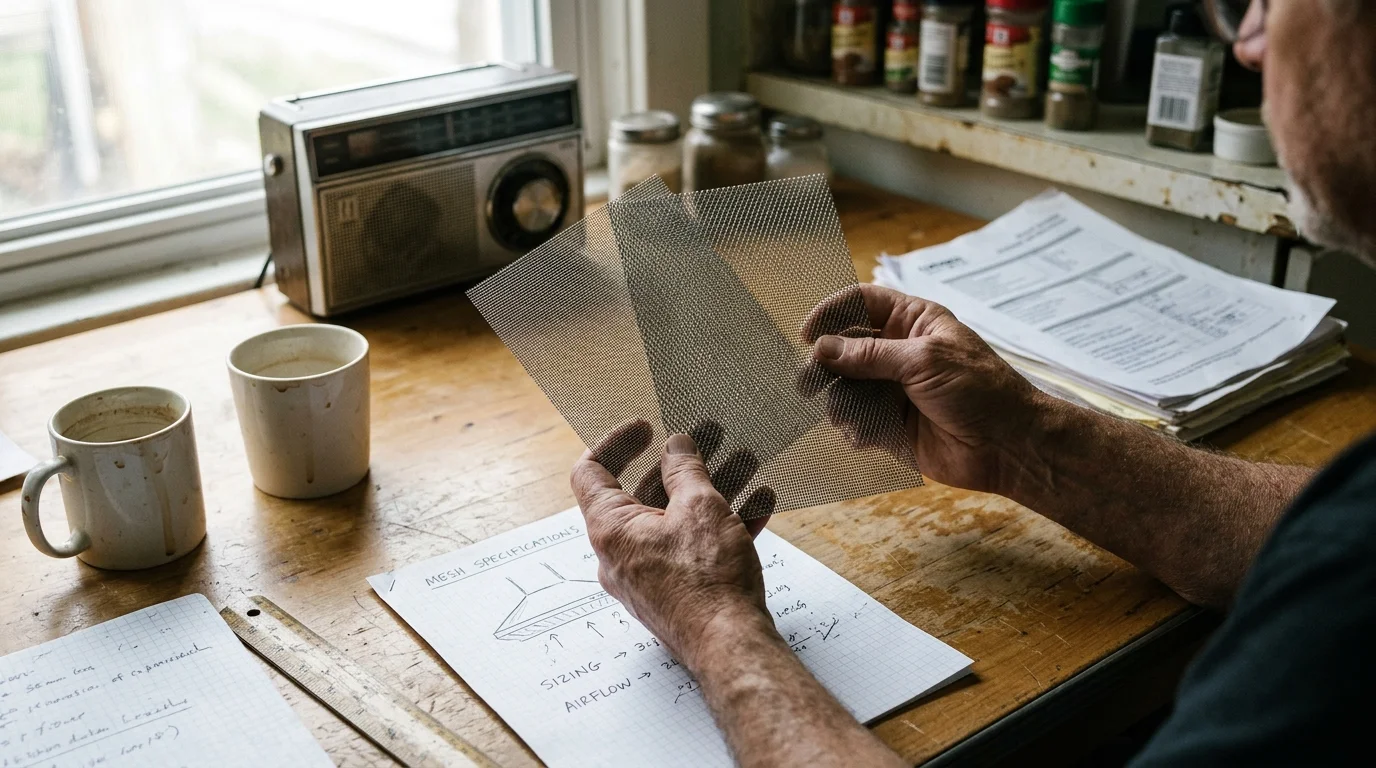 A person holds two square pieces of metal mesh over handwritten technical notes and sketches at a wooden workbench.