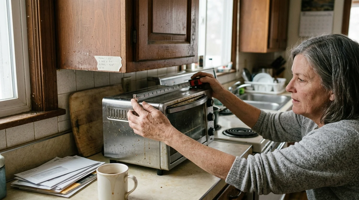 A woman uses a tape measure on top of a silver toaster oven sitting under a low-hanging wooden kitchen cabinet.