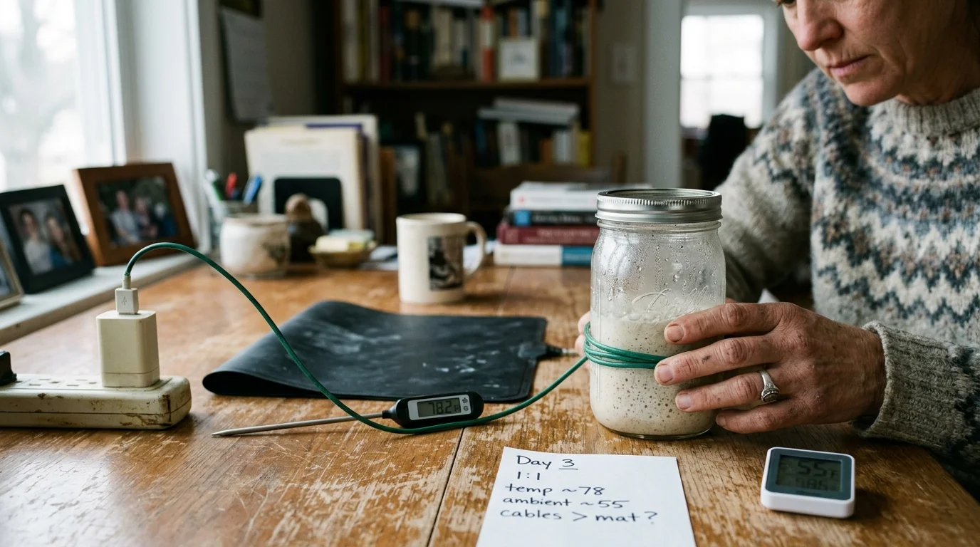 Person checking a sourdough starter jar wrapped in a green heating cable on a wooden table beside a thermometer reading 78.2°F.
