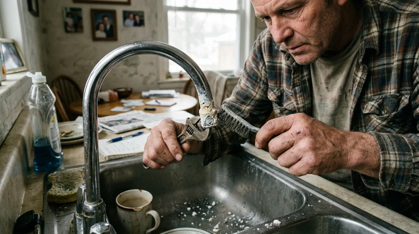 A man scrubs heavy mineral buildup from a kitchen faucet spout using a wire brush and wrench over a sink.