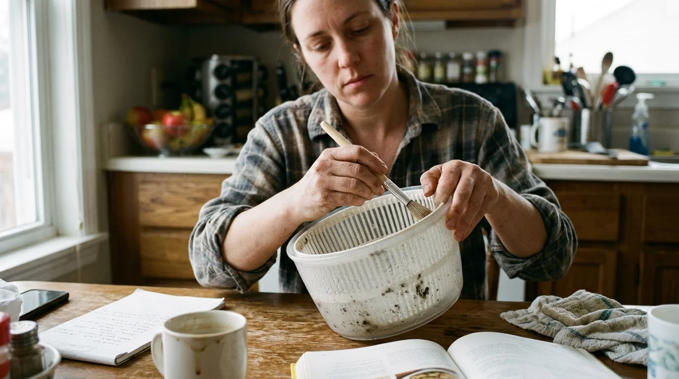 A woman sits at a wooden table using a small brush to clean mold or grime from a plastic salad spinner colander.