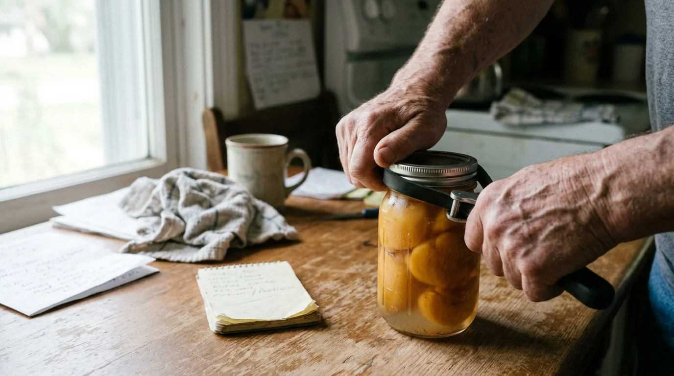 A person's hands use a black rubber strap wrench to loosen the metal lid of a preserved glass jar on a wooden table.