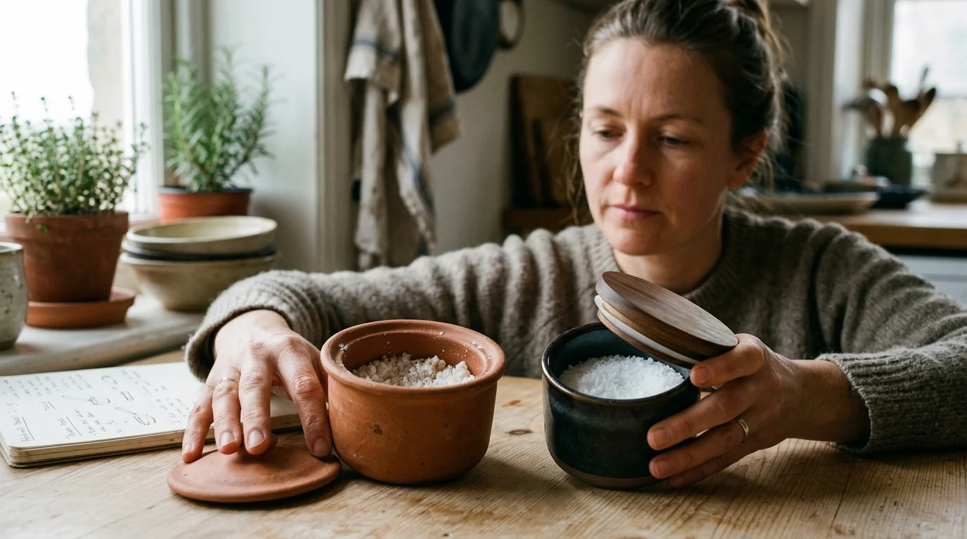 A woman at a wooden table examines two salt cellars: an open terracotta dish and a dark ceramic pot with a wooden lid.
