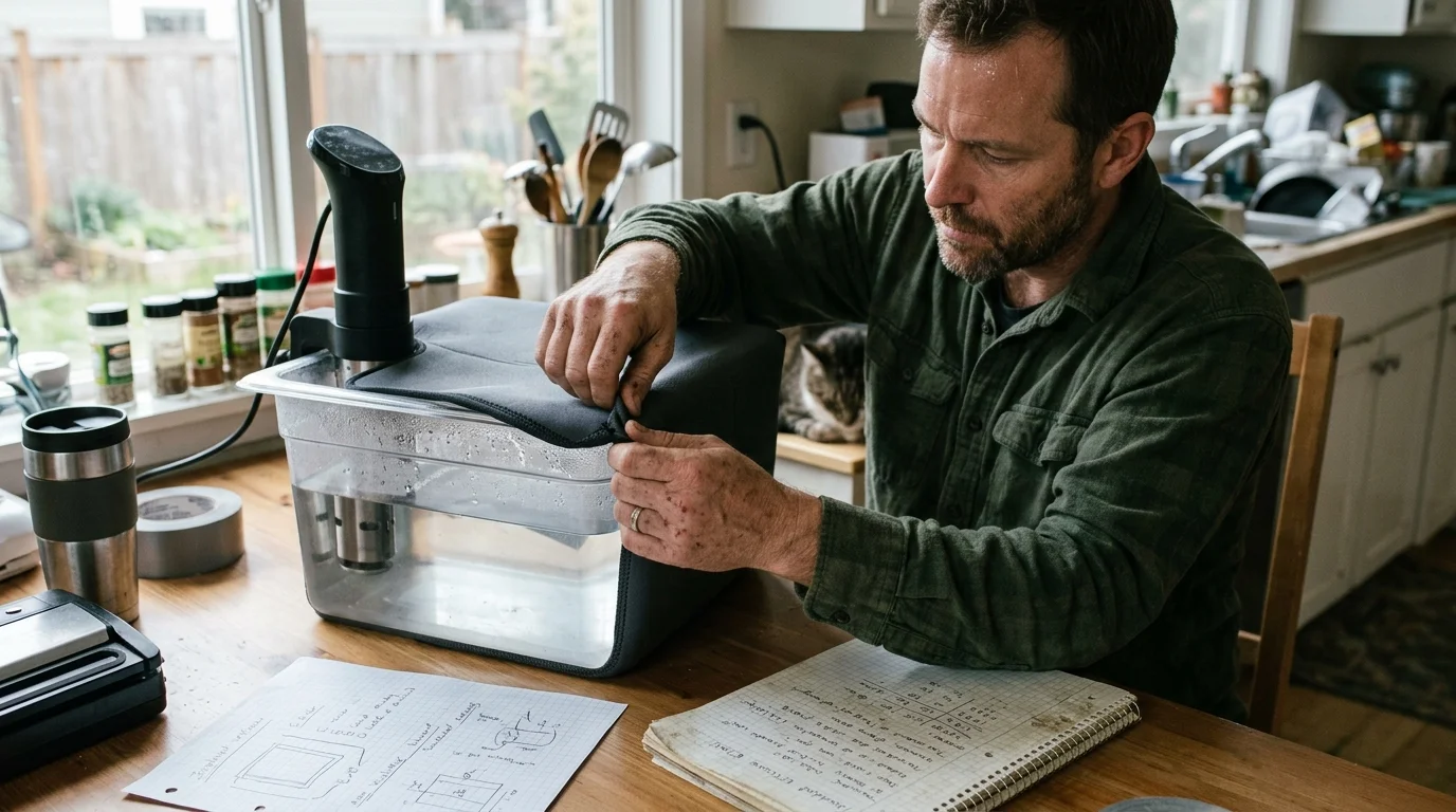 A man fitting a black neoprene insulating sleeve onto a clear sous-vide container filled with water on a wooden table.