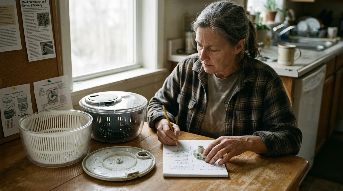 A woman sits at a wooden kitchen table writing notes beside disassembled salad spinner bowls, lids, and gear parts.