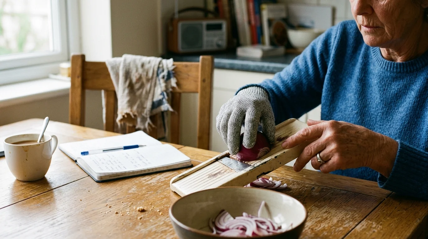 A person wearing a gray cut-resistant glove slices a red onion on a wooden mandoline slicer at a kitchen table.