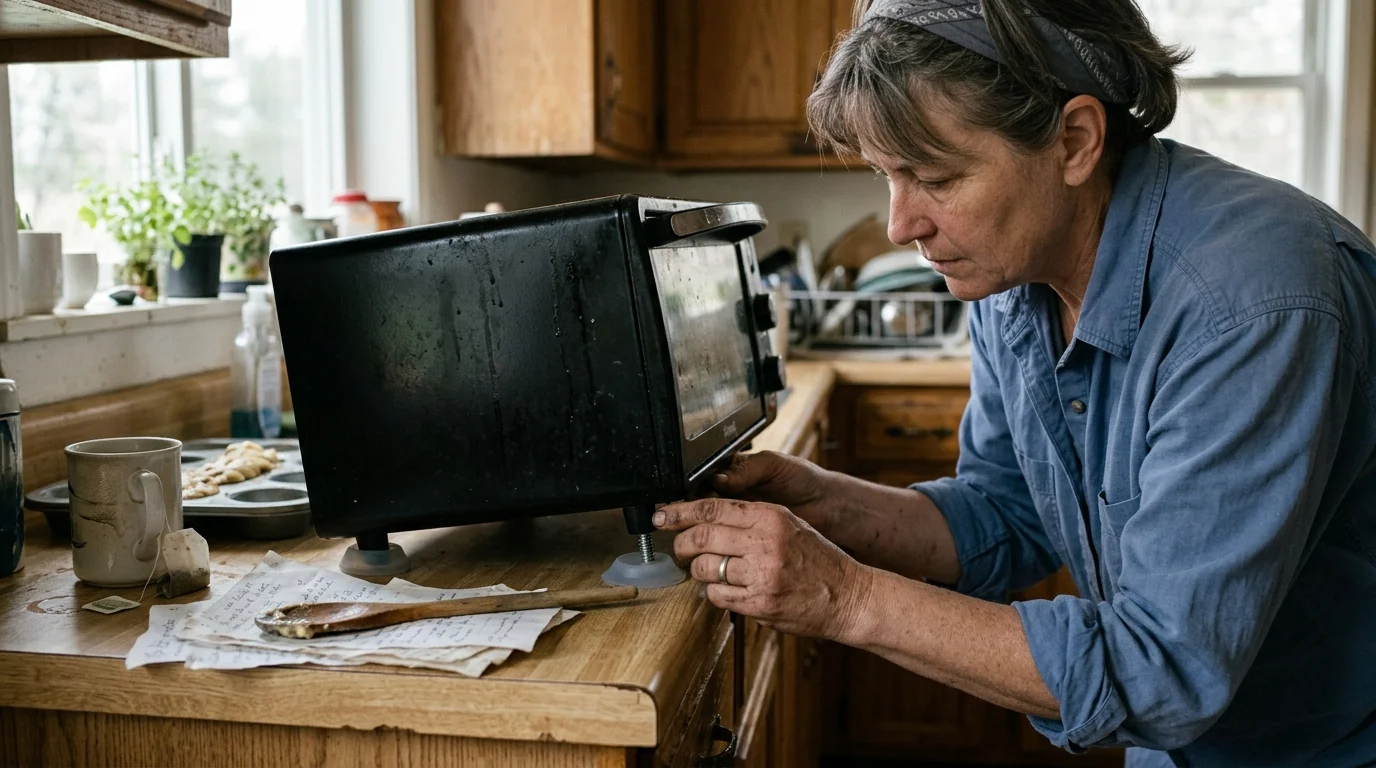 A woman adjusts an elevated screw foot beneath a black toaster oven resting on a wooden kitchen counter.