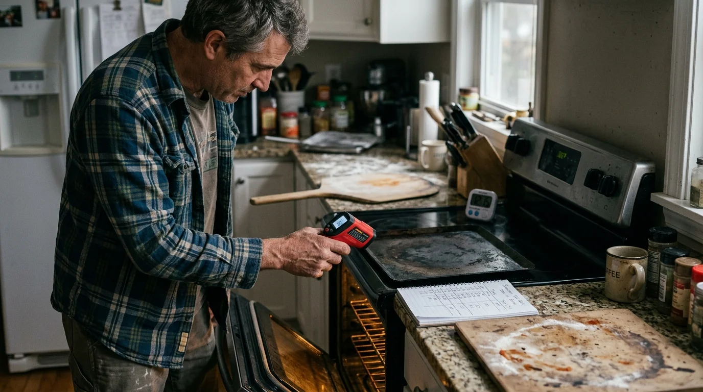 A man in a kitchen points an infrared thermometer toward an open oven beside a baking stone and log notebook.