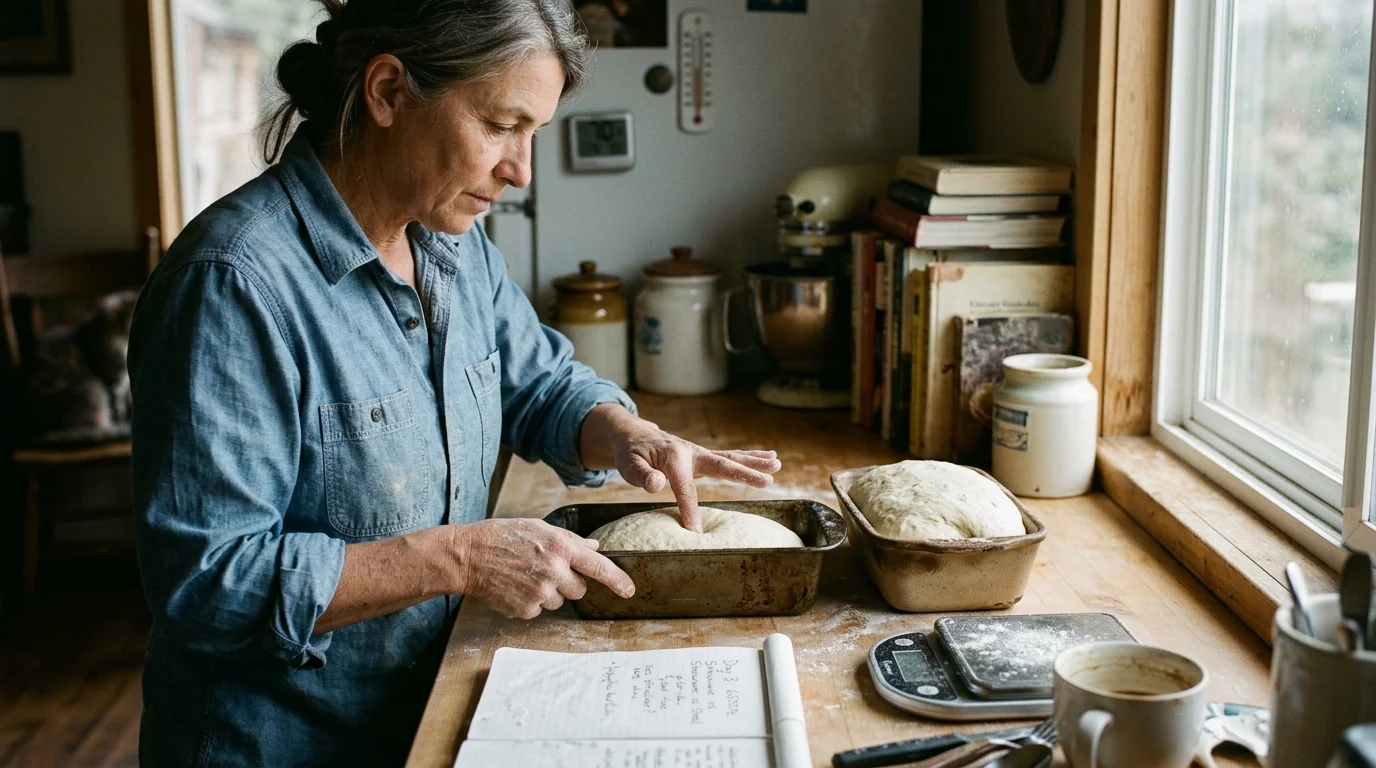 A woman gently pokes proofing bread dough resting inside a metal loaf pan on a wooden kitchen counter.