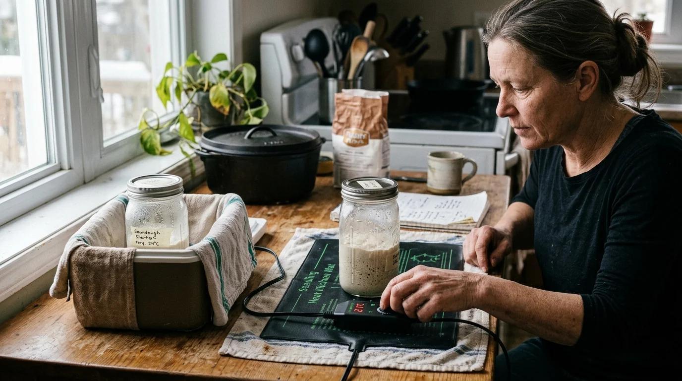 A woman adjusts a seedling heat mat controller beneath a sourdough starter jar on a wooden kitchen table.