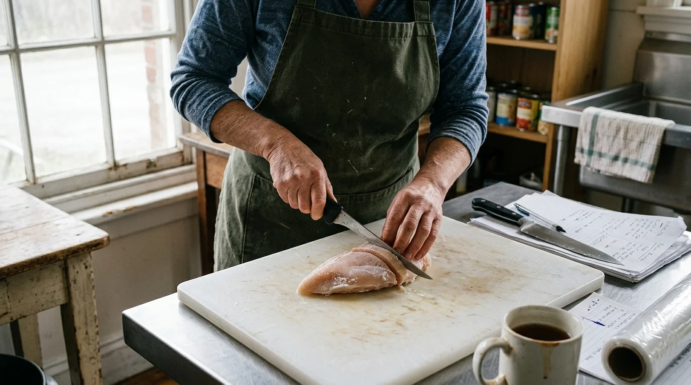 A person wearing a green apron slices a chilled raw chicken breast on a white cutting board using a knife.
