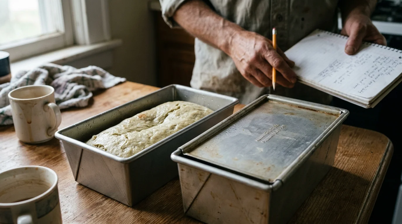 A person holding a pencil and notebook over an open loaf pan with dough beside a lidded Pullman pan on a wooden table.