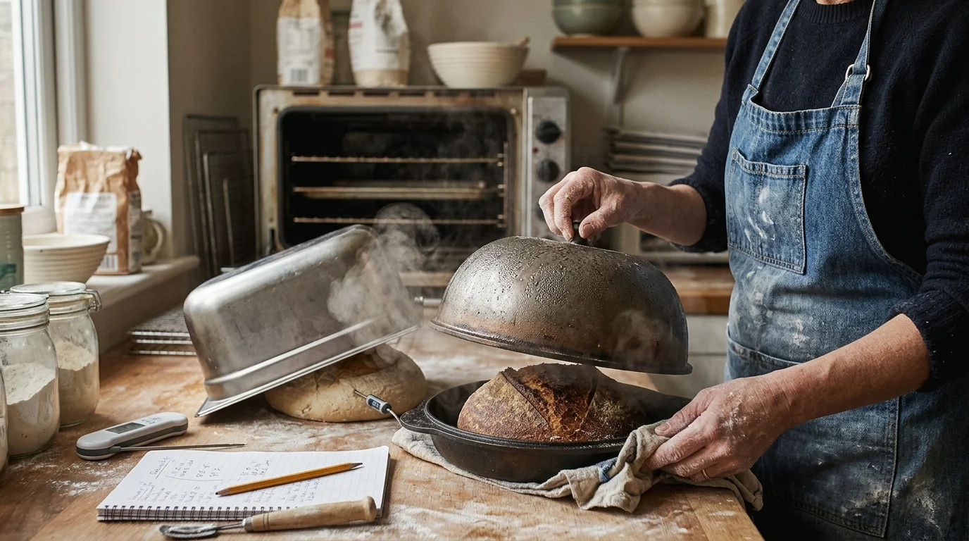 A baker lifts a cast iron cloche dome over baked sourdough bread beside an inverted metal pan releasing steam.