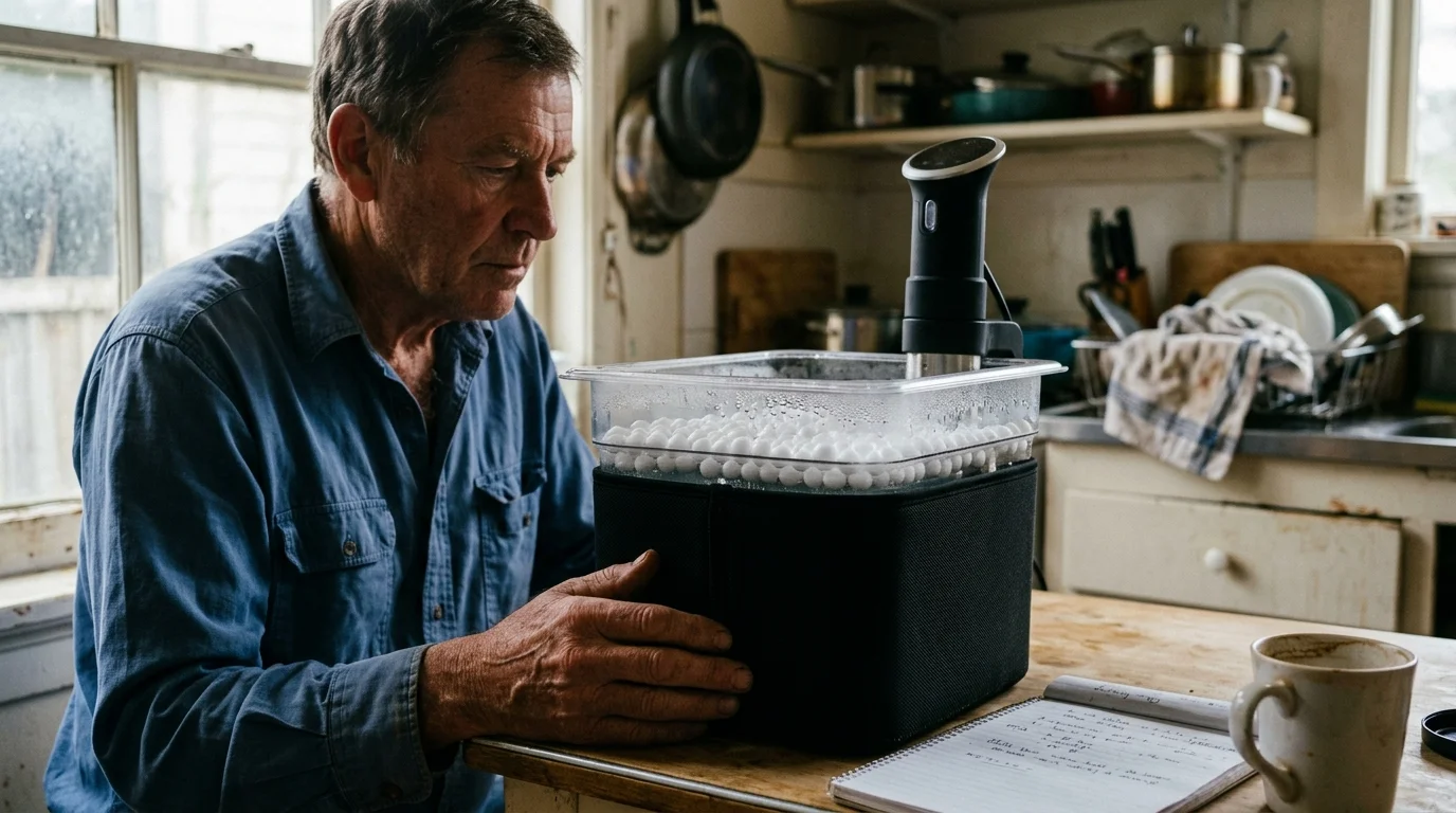 A man looks at a sous-vide water container covered in an insulated sleeve and filled with white floating balls.