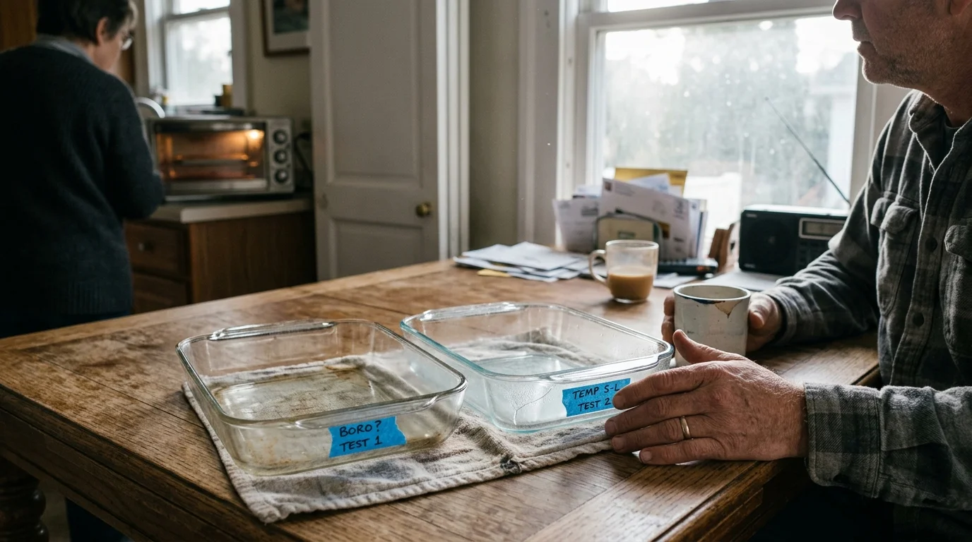Two clear glass baking dishes with blue tape labels sit on a wooden table beside a seated man holding a mug.