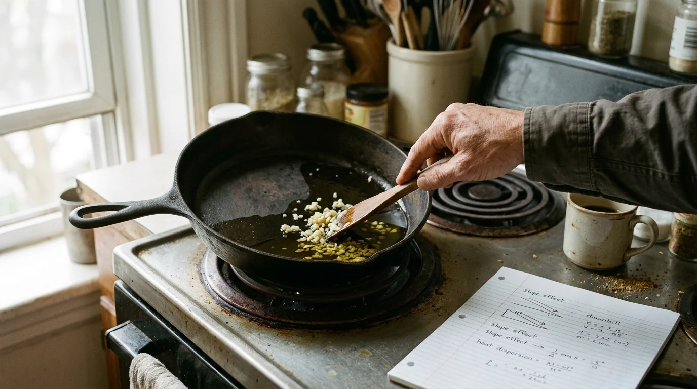 Hand stirring minced garlic in a tilted cast-iron skillet on an electric coil stove beside handwritten notes.