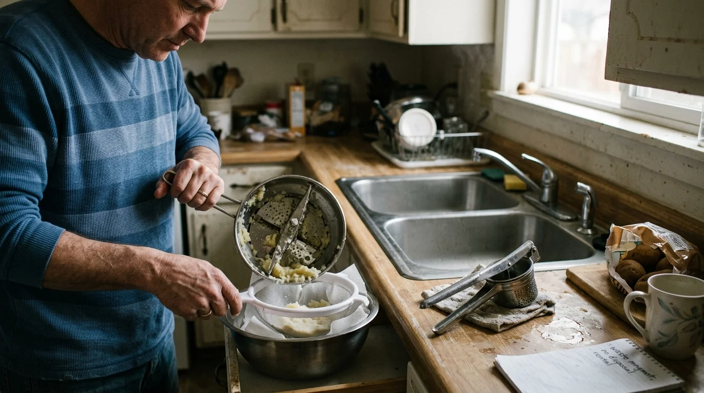 A man in a blue striped shirt empties a rotary food mill over a sieve set into a bowl next to a kitchen sink.