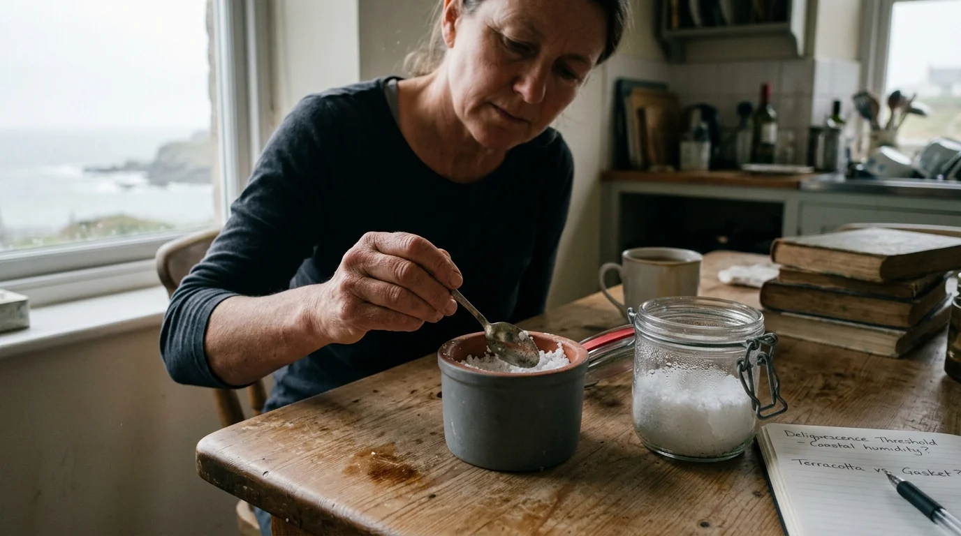 A woman sits at a wooden table scooping salt with a spoon from a small jar beside a glass clamp canister.