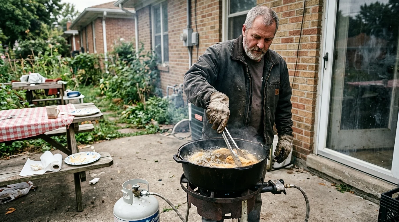 A man wearing heavy gloves uses tongs to deep-fry fish in a large pot on an outdoor propane burner on a backyard patio.