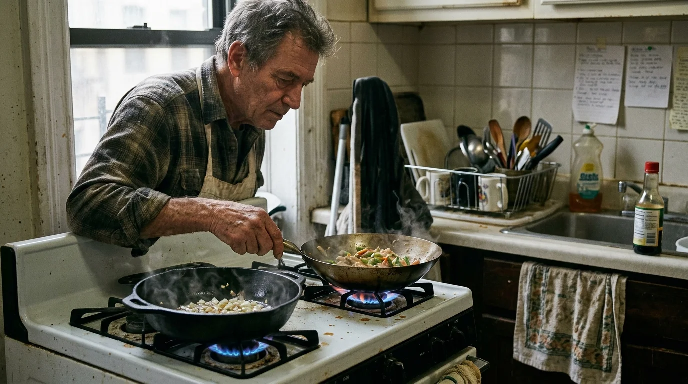 An older man in an apron cooks with a wok and cast iron pan over gas burners on a white kitchen stove.