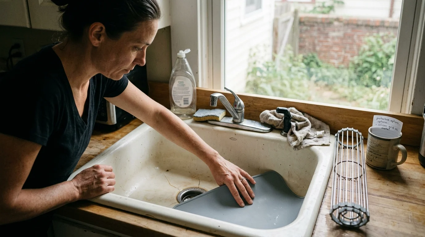 A woman places a gray silicone mat into a worn white kitchen sink near a rolled stainless steel drying rack.