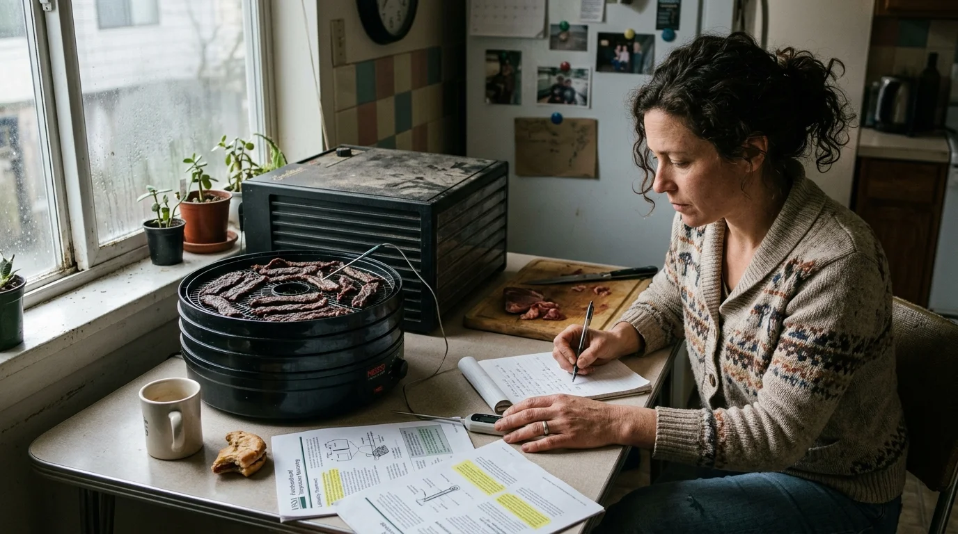A woman sitting at a table takes notes beside a round food dehydrator and a box dehydrator with meat inside.