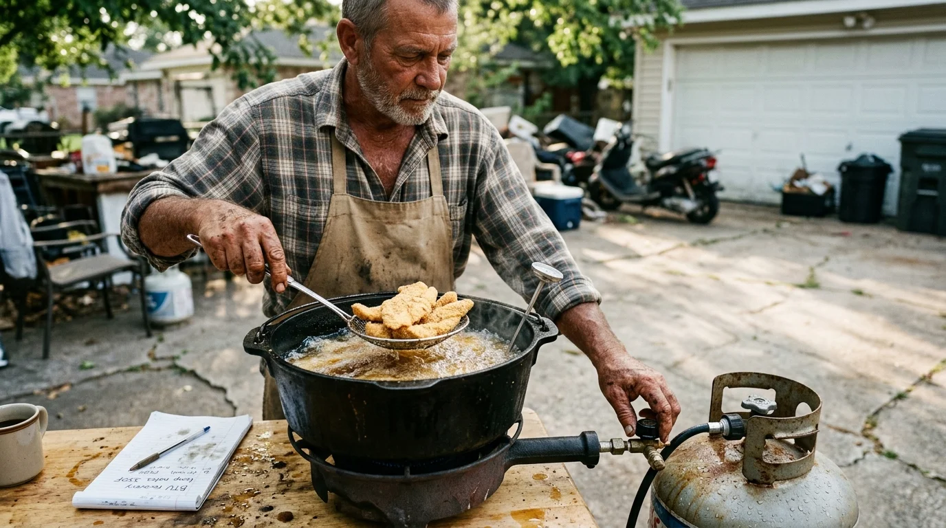A man outdoors lifts fried fish from a pot of bubbling oil connected to a propane tank burner.