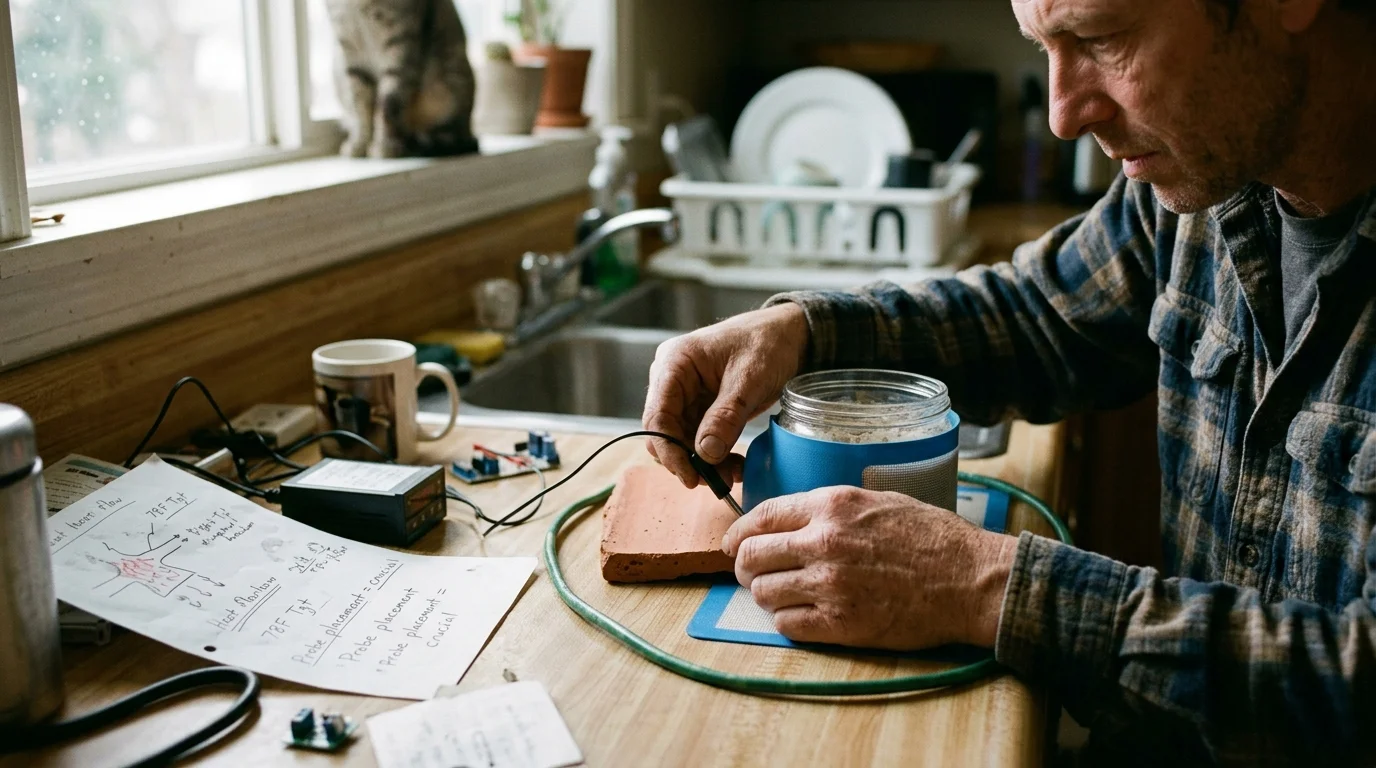 A man adjusting a sensor probe beside a glass jar wrapped in blue material on a kitchen counter with notes.