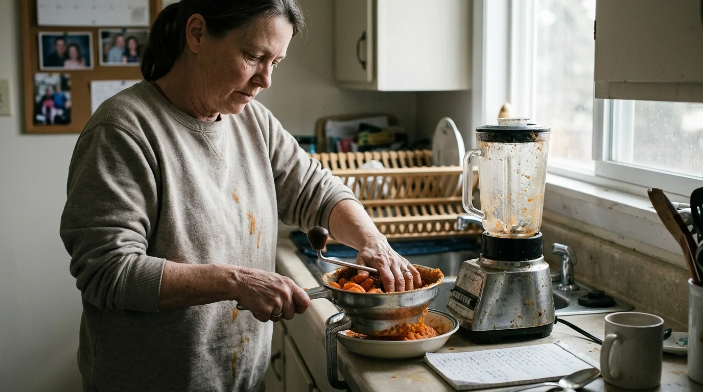 A woman in a kitchen grinds carrots through a metal food mill beside an electric blender on the countertop.