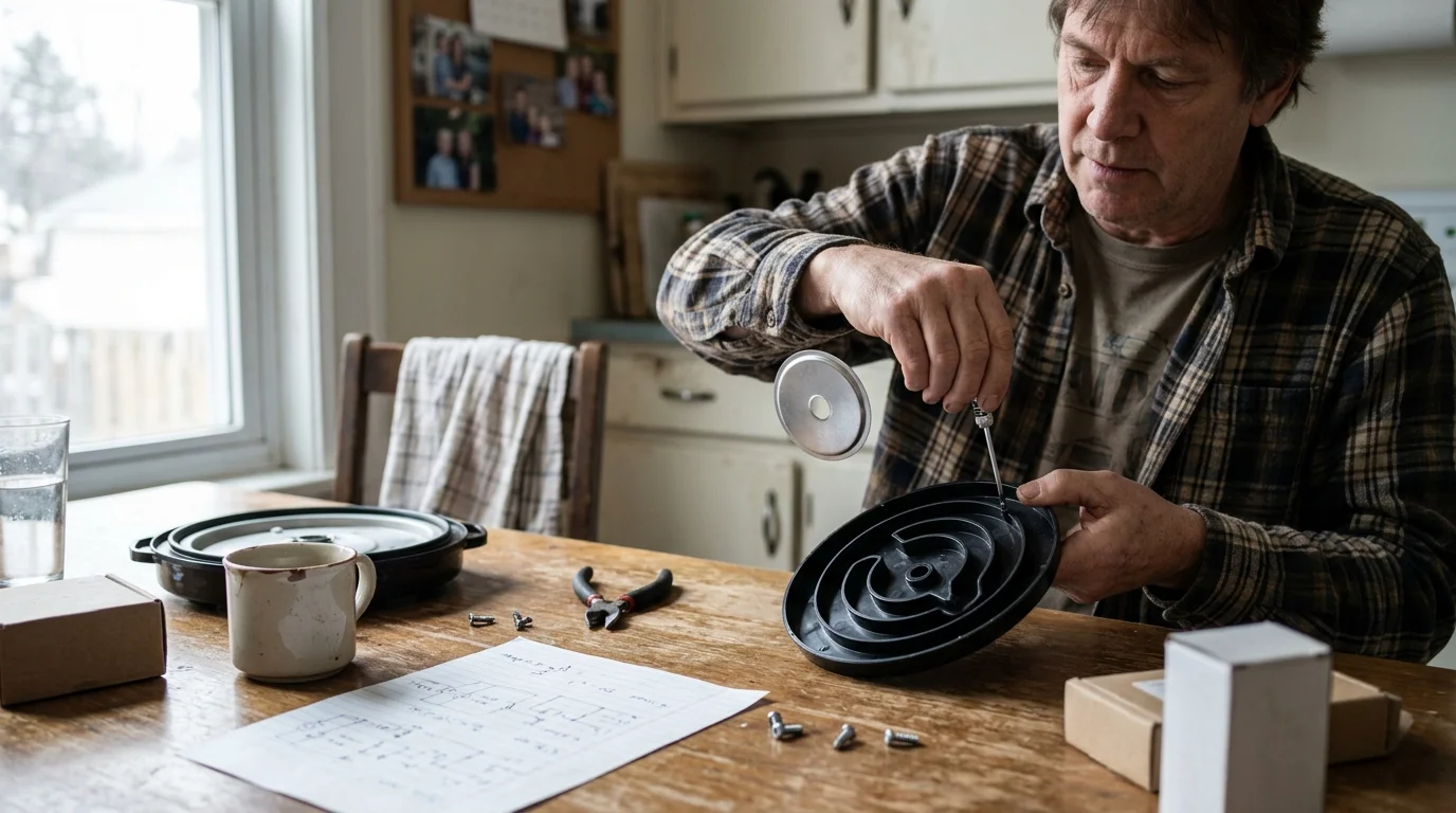 A man at a wooden table uses a screwdriver on a circular black plastic lid with maze-like baffle channels.