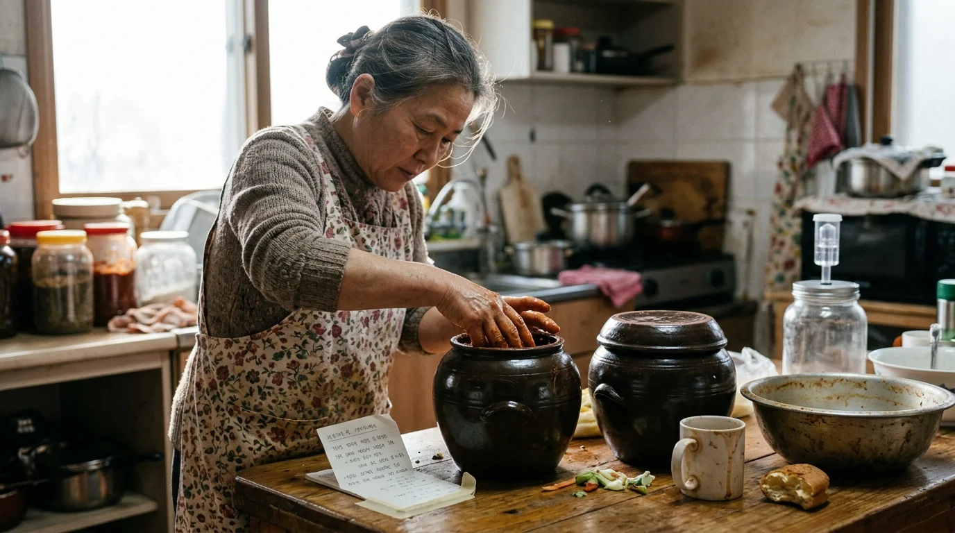 An older woman in a floral apron packs ingredients into a dark ceramic fermentation jar on a wooden kitchen table.