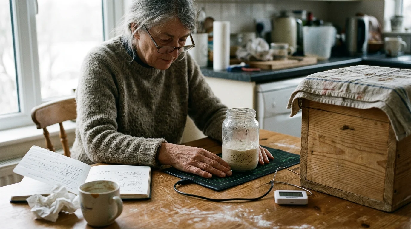 A woman with glasses monitors a glass jar of starter on an electric heat mat beside a wooden proofing box.