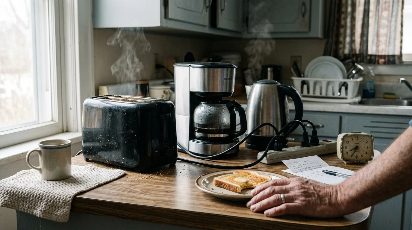 Steaming toaster, coffee maker, and electric kettle plugged into a power strip on a kitchen counter near a plate of toast.
