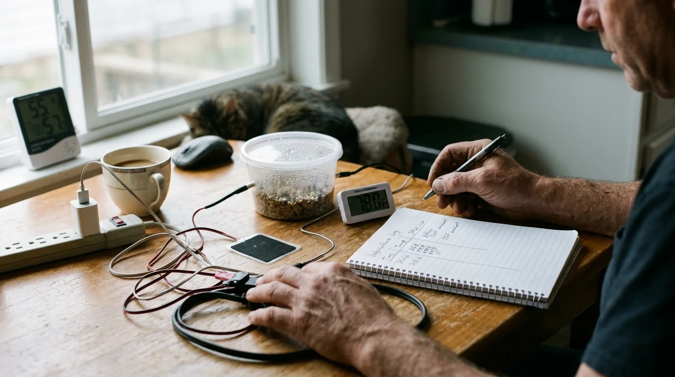 A man logs temperature data in a spiral notebook beside a heated container, wired thermometers, and a sleeping cat.