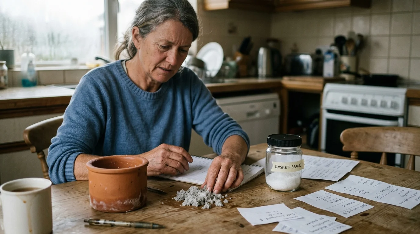 A woman sitting at a table with an unglazed clay pot, a pile of clumping salt, and a gasket-sealed glass jar.