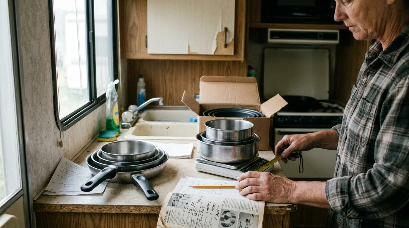 A person measuring and weighing metal pots and pans on a digital scale in an RV camper kitchen.