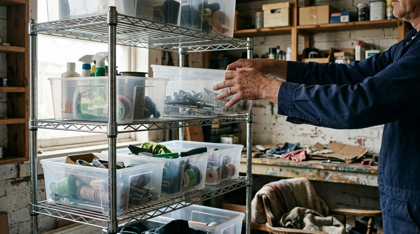 A man places a clear plastic bin onto a chrome wire shelving unit filled with storage containers in a workshop.