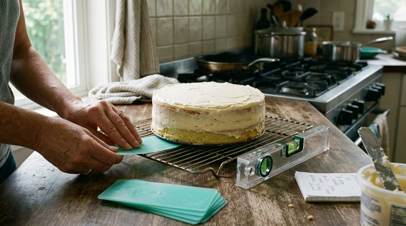 Hands placing a teal shim under a wire rack holding a frosted cake, next to a spirit level on a wooden countertop.