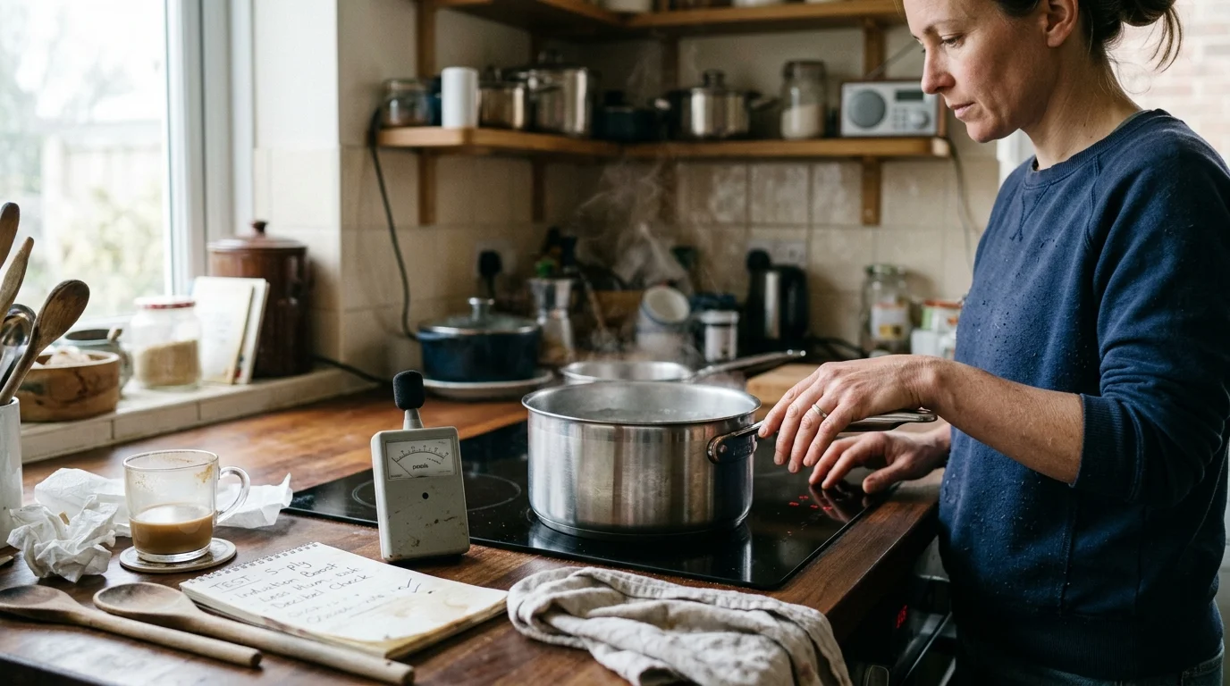A woman stands at an induction cooktop with a steaming stainless steel pot, sound meter, and notepad on the counter.