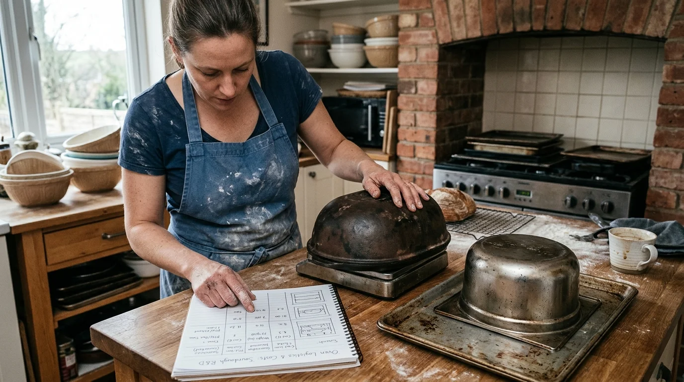 A baker points at notes beside a cast iron cloche on a kitchen scale and an inverted metal pan on a baking sheet.