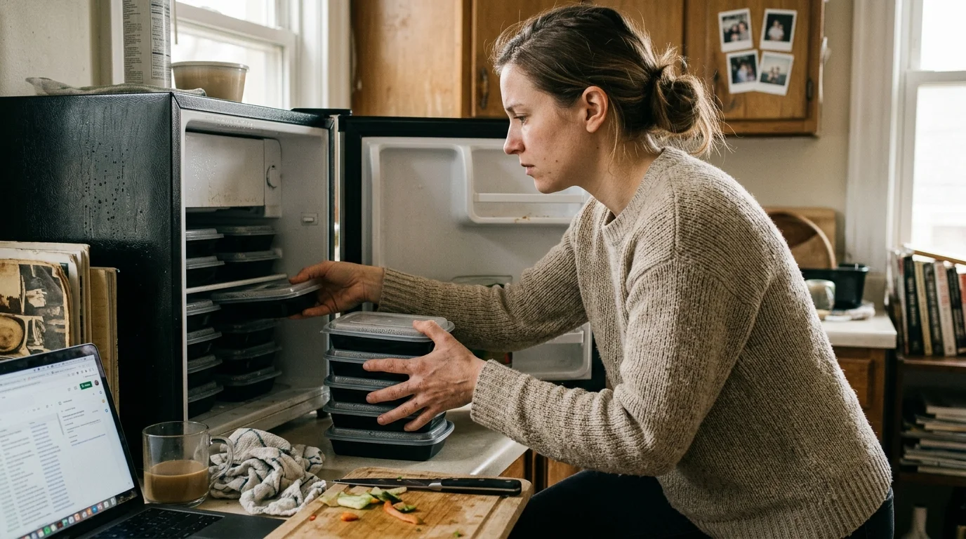 A woman stacking black meal prep containers into an open compact mini-fridge in a kitchen.