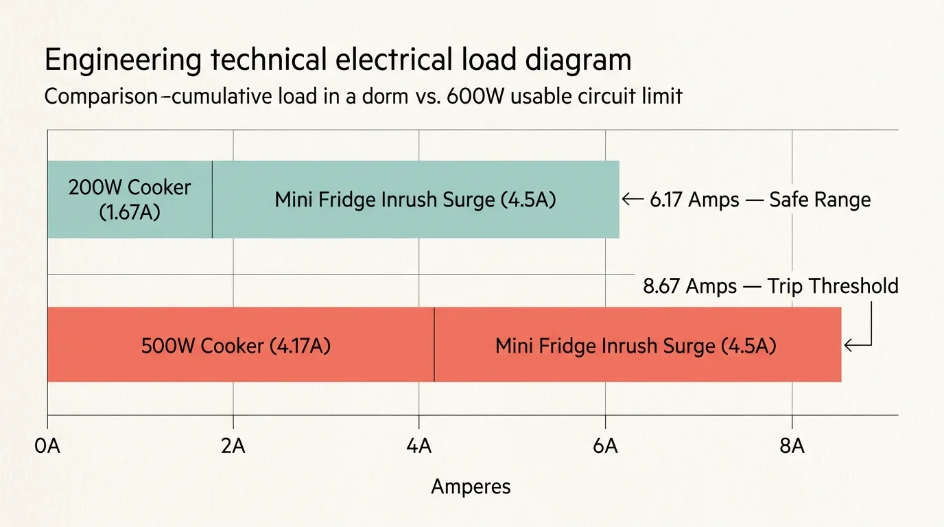 Bar chart comparing cumulative amperage of a 200W versus 500W cooker combined with a mini fridge surge against trip limits.