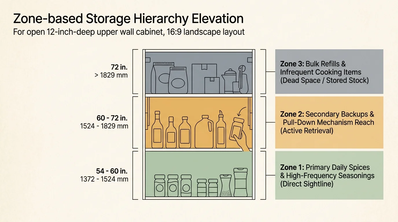 Diagram of a three-tier cabinet showing daily spices at the bottom, secondary backups in the middle, and bulk refills on top.