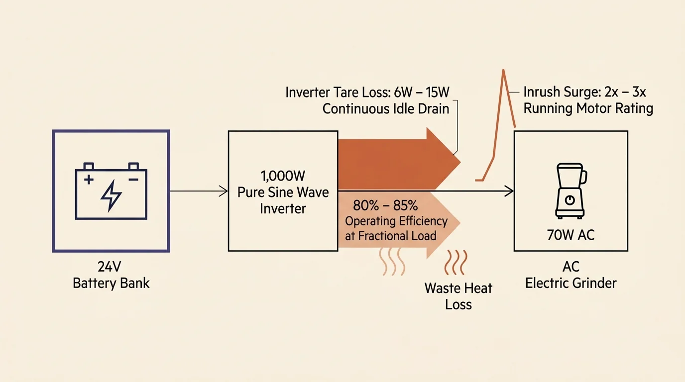 Diagram of power flow from a 24V battery bank through a 1,000W inverter to an AC electric grinder, showing tare and heat losses.
