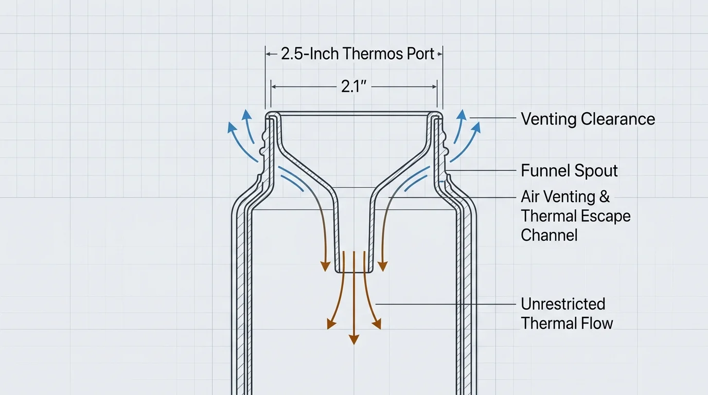 Cross-section diagram of a funnel inside a 2.5-inch thermos port showing venting clearance and airflow paths.